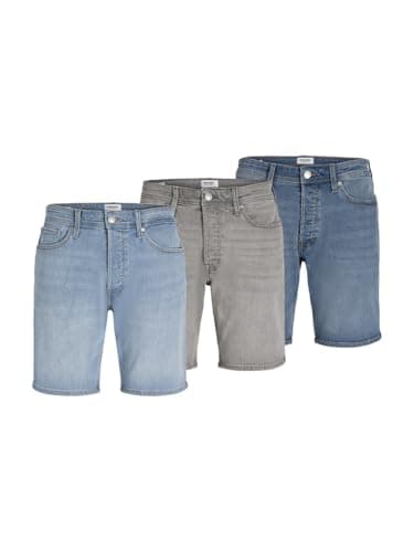 Image of JACK & JONES Rick Original Regular Fit Denim Shorts 3-Pack-Blue Denim/Grey Denim/Light Blue Denim-Large