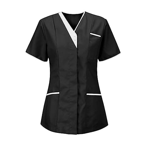 Image of Medical Workwear V Neck Pockt Short Sleeve Solid Healthcare Loose Tunic Hospital Clinic Womens White Blouse Oversized T Shirts for Women Ladies Tops Size 12 Nurse Uniforms Women UK Women's Scrub Sets