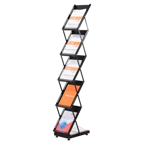 Image of PATIKIL Foldable Magazine Display Racks Floor Standing 5 Layers Brochure Stand Catalog Literature Holder with Wheels for Hotel, Exhibition, Trade Show, Office
