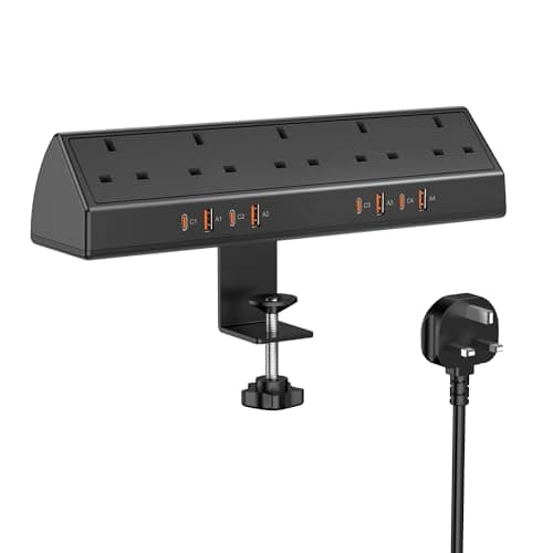 Image of Desk Clamp Power Socket USB C Slots, 65W Total Fast Charging Station, 5 Way Desk Extension Lead with Switch, Desktop Power Strip 2M for Home Office, Fit 1.9" Tabletop Edge (Black)
