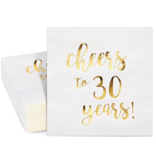 Image of 50 Pack Cheers to 30 Years Napkins, 3-ply Paper Serviettes, Happy 30th Birthday Decorations for Men and Women, Anniversary Party, White and Gold, 25 x 25 cm
