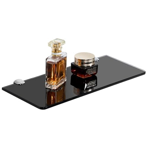 Image of SAYAYO Bathroom Glass Shelf Wall Mounted 30CM Floating Shelves 6MM Tempered Black Glass with Chromed Shelf Brackets for Home Decor Kitchen
