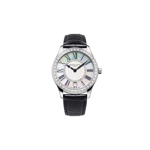 Image of Frederique Constant Ladies Swiss Quartz Classics Diamond Silver-Tone Stainless Steel Watch with Black Leather Strap, Style: FC-220MPW3BD26