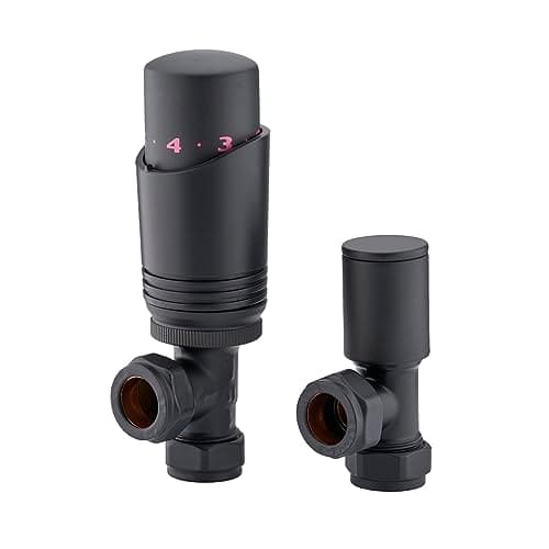 Image of Sandy Beach Radiator Valves Thermostatic Angled Straight with Lockshield - Black 15mm