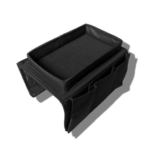 Image of YUEMUZY Sofa Armrest Organizer with Cup Holder Tray and 5 Pockets - Multi-Device Storage for Remote Controls, Snacks, Handset Holder Armchair Storage Bag (black)