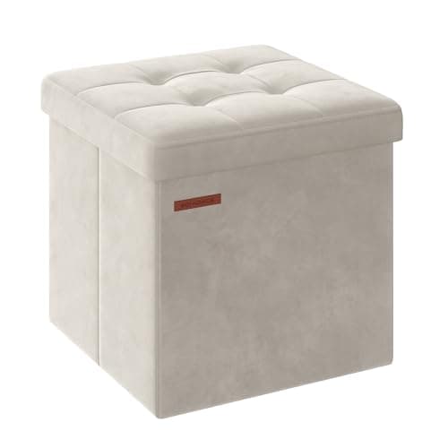 Image of SONGMICS Storage Ottoman, Foldable Small Ottoman Foot Rest, 38 x 38 cm Foot Stool, Ottoman with Storage, Load up to 300 kg, for Living Room, Bedroom, Dorm, Cream White LSF227W51