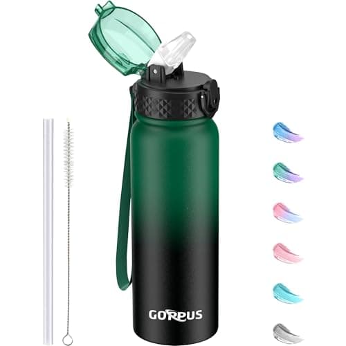Image of GOPPUS 600ml/20oz Stainless Water Bottle with Straw Double Wall Insulated Bottles with Strap One Hand Open Vacuum Thermal Flask Leakproof Keep Cold Bottles with Flip Top Lid BPA Free (Green Black)