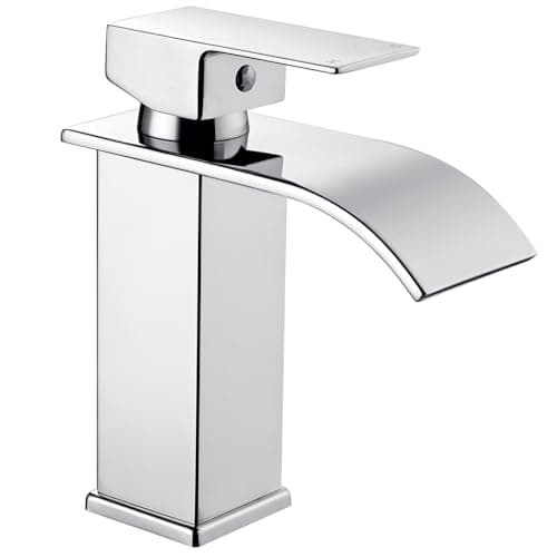 Image of Peppermint Basin Taps Mixers Waterfall Bathroom Sink Mixer Tap Mono Square Stainless Steel Monobloc 1 Hole with G1/2'' Hoses Modern Cloakroom Taps Chrome Single Lever