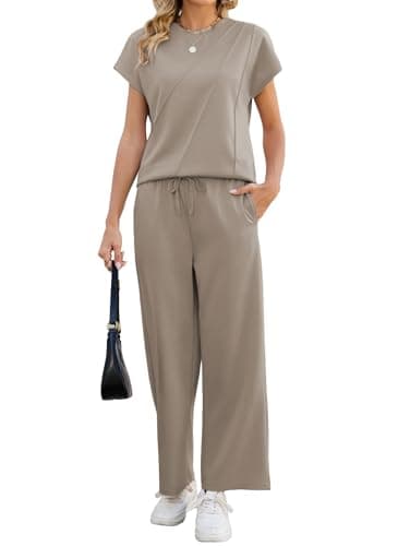 Image of Famulily Tracksuit Womens Full Set Summer Lounge Wear Sets Cap Sleeve Casual Top & Comfy Bottoms with Pockets Coffee M