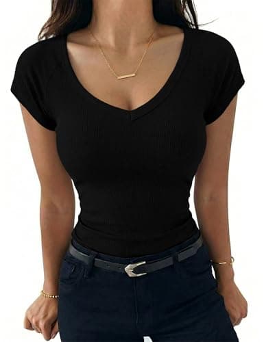 Image of Aottori Women Short Sleeve Tops Summer V Neck T Shirts Ladies Ribbed Slim Fit Basic Tee Shirt Thin Plain Casual Tunic Top Solid Black L