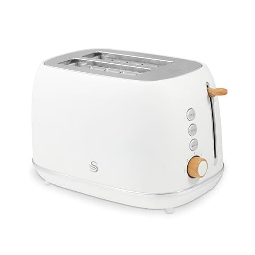 Image of Swan Fjord 2 Slice Toaster with 7 Browning Levels for Toast, Bagels, Breakfast Muffins, Defrost/Reheat/Cancel, Removable Crumb Tray, Non-Slip Feet, 800W, White with Wooden Accents, ST19030WHT