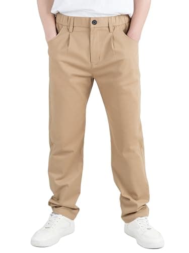 Image of CAMLAKEE Boys School Trousers Kids Chino Pants Straight Uniform Pull on Soft Bottoms Elastic Waist with Zip and Button Closure Khaki UK 12-13 Years Label Size 160