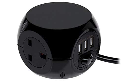 Image of Status 3 Way Cube Socket with 3 USB Ports, Black Compact Extension Adapter with 1.4 Metre Lead for Home Office Travel Use, Space Saving Power Block, (S3B1.4M3XUSB1PK6)