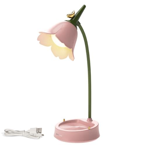 Image of SKIKHN LED Flower Desk Lamp,USB Rechargeable Desk Lamp,Cordless Table Light,3 Color Modes Dimmable Touch Table Light,Bedside Reading Lamps, Pink Reading Light for Kids Boys Girls College Dorm Bedroom