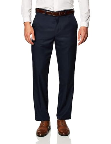 Image of Amazon Essentials Men's Classic Fit Expandable-Waist Flat-Front Dress Trousers, Navy, 38W / 28L