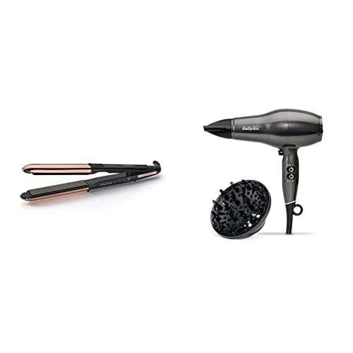 Image of BaByliss Straight and Curl Brilliance Hair Straightener and Curler, Curved Metal Design & Platinum Diamond 2300W Professional AC Motor hairdryer, Ultra-Fast Drying, Ionic, Diffuser