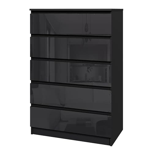 Image of Modern High-Gloss Drawer Panels Chest of Drawers, 3/4/5/6 Drawer Wooden Dresser with Metal Runner Bedside Table No Handle Sleek Design Storage Organizer Unit for Living Room Bedroom (Black, 5 Drawers)