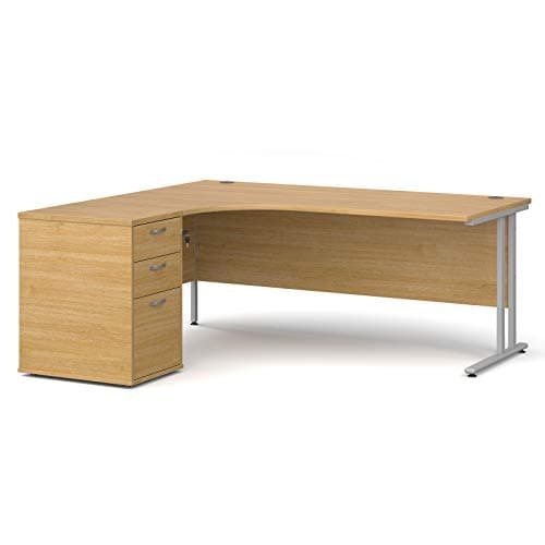 Image of Mr Office Maestro 25 left hand ergonomic desk with silver cantilever frame and desk high pedestal bundle, Oak, 1800