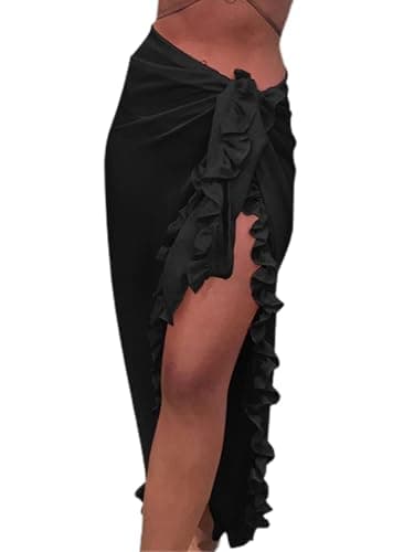 Image of LYSINK Sarongs for women beachwear Summer Sheer Cover Up Swim Skirt Long Chiffon Wrap Sarongs Skirt Vacation Outfit (A-Black, ONE SIZE)