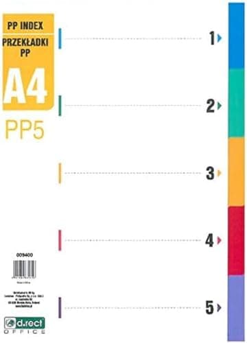 Image of D.RECT Index for A4 PP5 5 Dividers Ring Binder Tabs with Printed Numbers 1-5 Multi-Coloured Polypropylene Colour Divider