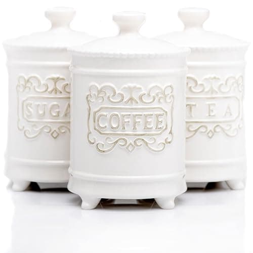 Image of 25DOL - Set of 3 Elegant 34 oz Ceramic Kitchen Canisters, Beautifully Etched, Airtight with Feet for Style and Stability, Ceramic Jar with Airtight Lid