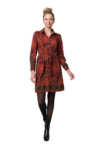 Image of Izabel London Mosaic Print Long Sleeve Short Shirt Dress for Women UK with a tie Waist and Collar. Pink