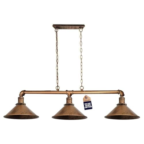 Image of LEDSone Industrial 3 Way Pipe Pendant Lamp E27 Lamp Holder Metal Shade Ceiling Light Fixture with 95cm Adjustable Hanging Chandelier for Dining Room, Kitchen Island, Bar (Brushed Copper - Cone Shade)