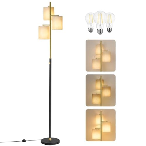 Image of VASAGLE Floor Lamp for Living Room, Modern Standing Lamp with 3 Bulbs, Adjustable Brightness, Fabric Lampshade, 3 E27 Sockets, for Bedroom, Gold and Black LFL003B03