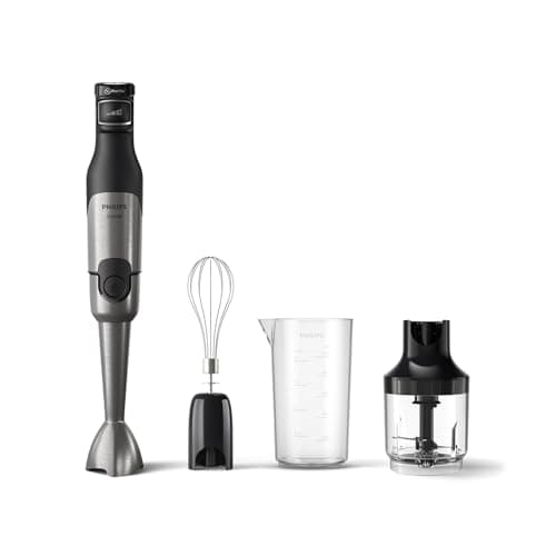 Image of Philips 5000 Series Hand Blender - 1200W Power. ProMix Technology. LED Speed Indicator. Effortless Control. Compact Design. Easy Clean. Beaker, Whisk, Compact chopper (0,5l), Black (HR2683/00)