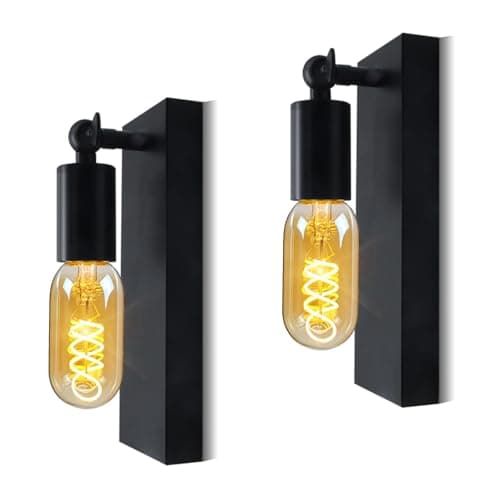 Image of LQUNFYL 2 Pack Wall Lights for Bedroom, E27 Indoor Vintage Wall Lamp, Bedside Wall Light, Industrial Metal Wall Sconce, Rotatable Wall Spotlight for Living Room, Bathroom Vanity Light, Black, No Bulb
