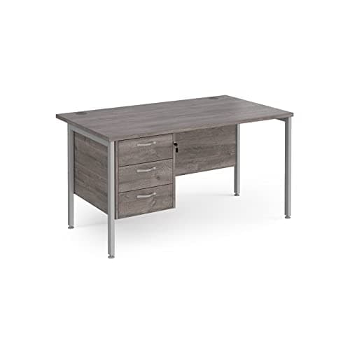 Image of Mr Office Maestro 25 straight desk 800mm deep with 3 drawer pedestal - silver H-frame leg, 1400, Grey oak