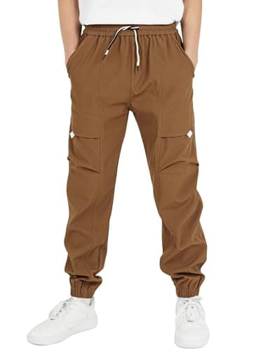Image of YoungSoul Boys Waterproof Cargo Trousers Elasticated Waist Kids School Trousers Hiking Outdoor Joggers Brown 14-16 Years