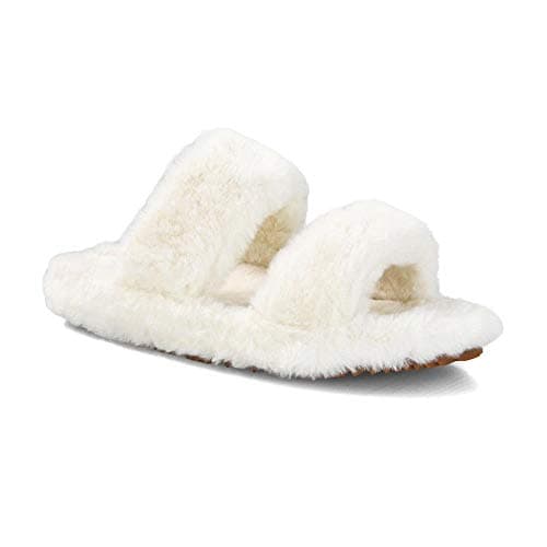 Image of ESSEX GLAM Womens Fluffy Double Strap Slippers Ladies Faux Fur Slip On Comfy Indoor Sliders Size 3-8