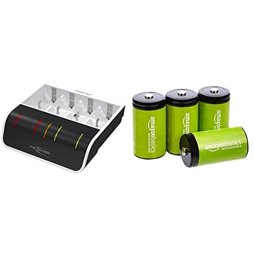 Image of ANSMANN Comfort Multi AAA, AA, C, D & 9V Battery Charger For NiMH Rechargeable Batteries & Amazon Basics D Cell Rechargeable Batteries 10000mAh Ni-MH, 4-Pack (Appearance may vary)