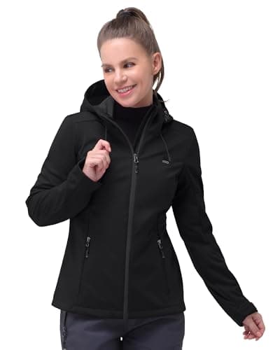 Image of 33,000ft Women's Softshell Jacket Waterproof Windproof Coat Functional Lightweight Windbreaker Ladies Breathable Outdoor Jacket with Hood for Running, Cycling, Hiking, Black DE44/UK18
