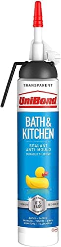 Image of UniBond 2646327 Bath & Kitchen Sealant, Mould Resistant Silicone Sealant Ideal for Showers, Toilets, Tiles, Worktops & More, Durable & Waterproof, 1x208g Easy Pulse, Transparent/Clear