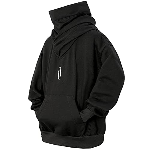 Image of Eocicvvi Hoodies for Men Cowl Neck Hoodie Fleece Pullover Sweat Hood Long Sleeve Sweatshirt Casual Pullover Fall Winter Loose Fit Tops with Embroidery(Black,L)