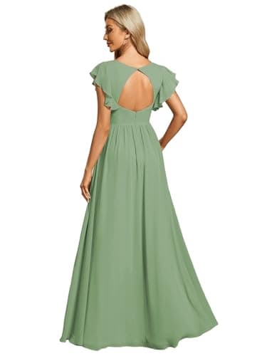 Image of Ever-Pretty Women's Elegant Long Bridesmaid Wedding Guest Dress Chiffon A-Line Ruffles Sleeve Sage Green 16