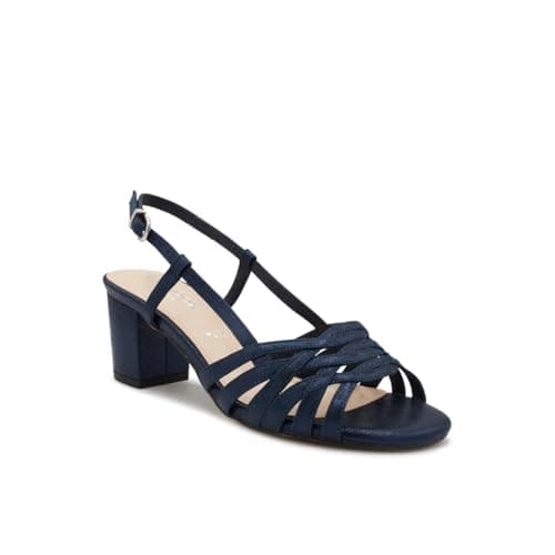 Image of Paradox London Nicolette Wide Fit Block Heel Sandals, Metallic Synthetic Strappy Slingback, 5.5cm Heel (Navy, UK Footwear Size System, Adult, Women, Numeric, Wide, 7)
