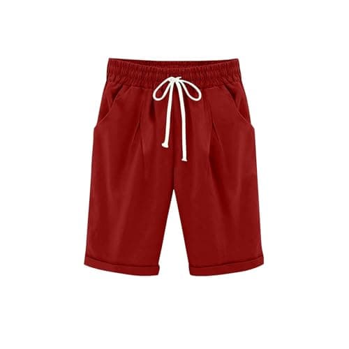 Image of Kids Shorts Summer Cotton-Like Linen Joggers Solid Color Bermuda Shorts with Drawstring Pockets Boys Girls Casual Elastic Waist Trousers for School Sports 12 Years Red