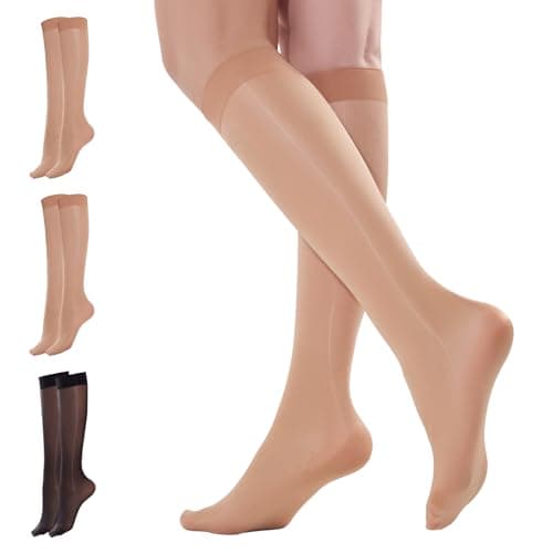 Image of Yilanmy 3 Pairs Knee High Pop Socks Women 40D Glossy Shiny Shimmer Sheer Nylon Stockings Wide Calf One Size(Natural*2+Black*1)