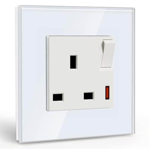 Image of BSEED Single Socket 13A with LED Indicator, Single Switched Wall Socket 1 Gang UK Standard, Electric Switched Plug Power Wall Outlet with Glass Panel, White