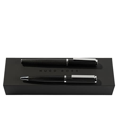 Image of Hugo Boss Pen Set Formation Herringbone Chrome HPBP106B (Ballpoint Pen & Fountain Pen) | Gift Box