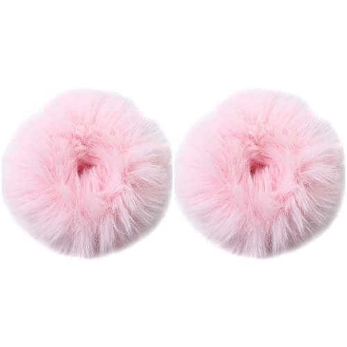 Image of 2 PCS PINK Plush Faux Fur Rabbit Hair Ties, Fluffy Scrunchy Hair Scrunchie Bobbles Elastic Hair Bands Holder Ponytail hair band Pompom Scrunchie Z2FLUPNK