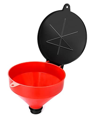 Image of QWORK 4 Quart Lockable Drum Funnel with Removable Screen Filter, 2" BSP Adaptor Safety Plastic Oil Funnel Screen Filter Spill-Free and Polyethylene Funnel for 55 gal Steel or Poly Drums