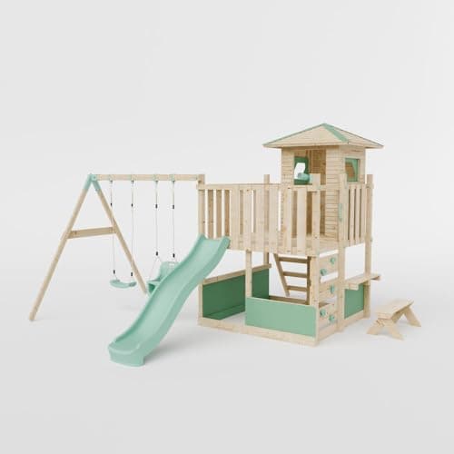 Image of Waltons Wooden Outdoor Kids LittleSummit Small Tower Playhouse with Double Swing & Toddler-Friendly Features | Pressure-Treated Timber Garden Playset for Children | Handmade in the UK