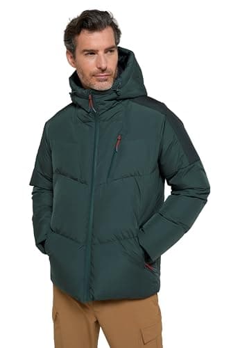 Image of Mountain Warehouse Frost Tech Mens Down Padded Jacket - Water-Resistant Parka with Detachable Hood, Thermal tested -40°C - Autumn Winter Camping, Outdoors & Travelling Dark Green 2XL