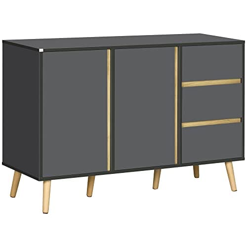 Image of HOMCOM Sideboard, Modern Kitchen Cupboard with Double Doors and 3 Drawers, Adjustable Shelves for Living Dining Room, Dark Grey