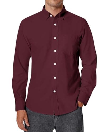 Image of siliteelon Mens Burgundy Oxford Shirt Long Sleeve Casual Mens Fashion Button Down Dress Shirts for Formal Business L