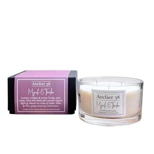 Image of Atelier 38 Myrrh & Tonka 3 Wick Scented Candle 400g - Luxury Soy Candle, Up to 40 Hour Burn Time, Large Candle Home Fragrance, Long Burning Candle, Housewarming Gift, Made in Surrey Hills